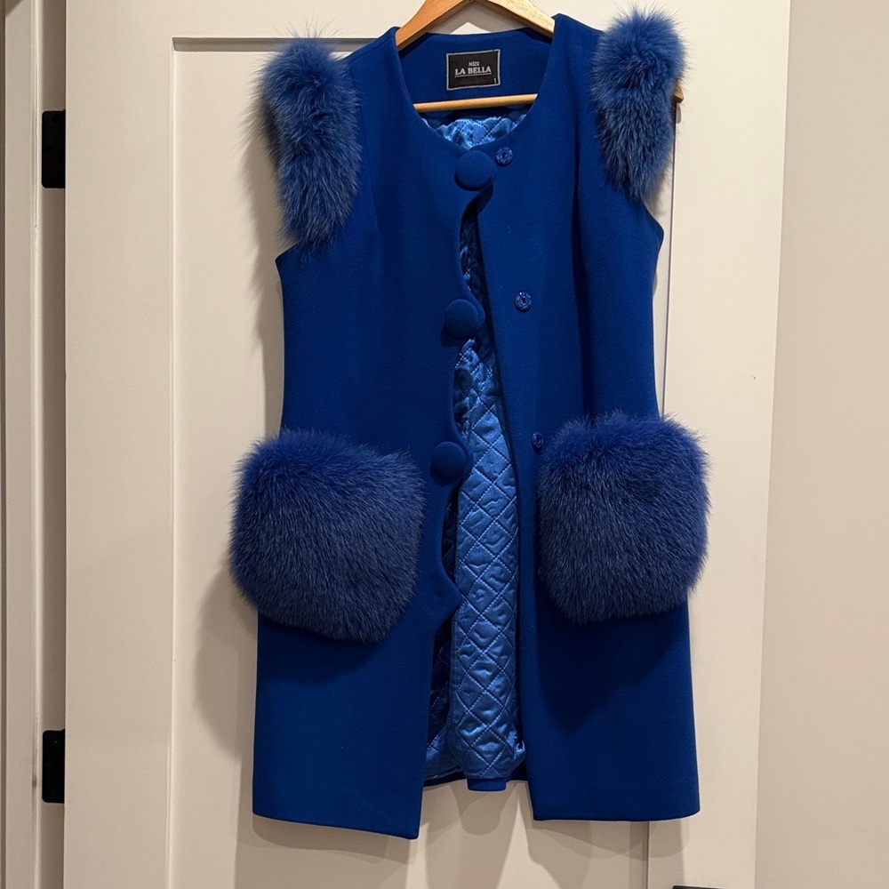 Women's Blue Fur-Trimmed Vest
